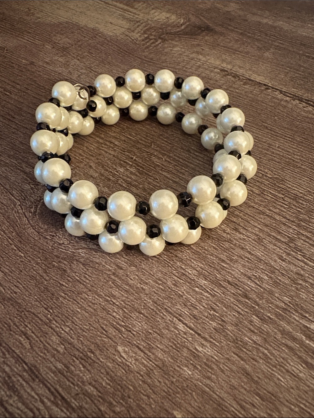 Faux Pearl Wrap Bracelet with Black Beaded Spacers